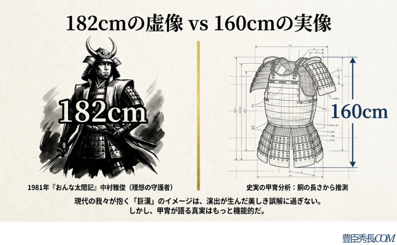 左側に中村雅俊氏が演じた182cmの秀長のイメージ、右側に史実の甲冑分析図解（160cm）が並び、ドラマ演出が生んだイメージと機能的な実像を対比させるスライド
