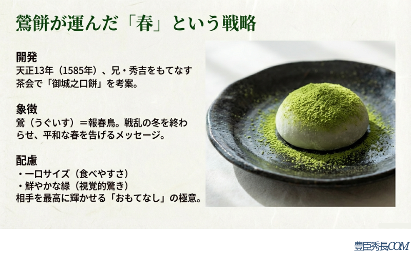 天正13年の茶会で考案された鶯餅（御城之口餅）の象徴性。平和な春を告げるメッセージと、一口サイズの配慮など「おもてなし」の極意