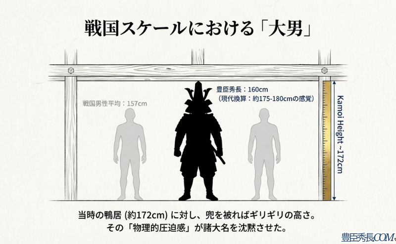 当時の平均身長（157cm）と秀長（160cm）、そして当時の鴨居の高さ（172cm）を比較した図解。兜を被った秀長の頭頂が鴨居に迫り、物理的な圧迫感を生んでいたことを示すスライド