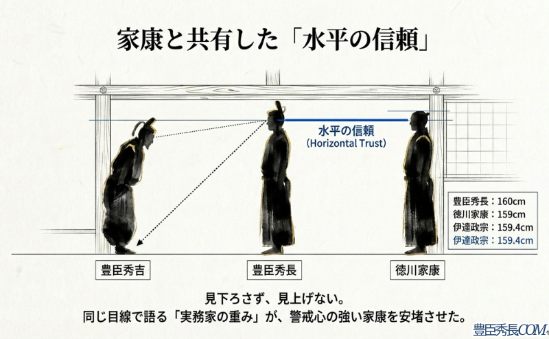 秀吉、秀長、家康のシルエット。秀吉が下から見上げるのに対し、秀長と家康は同じ160cm前後の高さで「水平の信頼（Horizontal Trust）」を結んでいる図