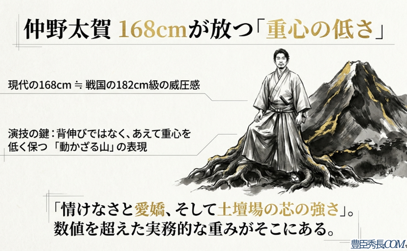 仲野太賀氏のシルエットと、背後にそびえる山のイメージ。現代の168cmが戦国時代では182cm級の威圧感になること、重心の低い演技が秀長にシンクロすることを示している
