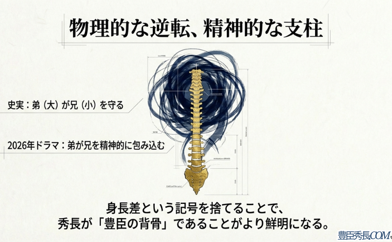 黄金色の背骨（脊椎）のイラスト。史実（弟が大きく兄を守る）とドラマ（弟が精神的に兄を包み込む）の構成の違いを示し、秀長が政権の背骨であることを強調