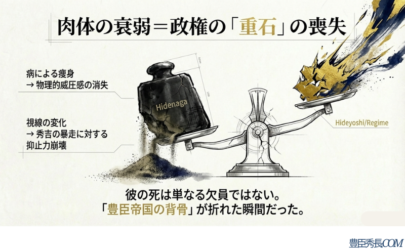 天秤の片側に「秀長」という重石、もう片側に「秀吉と政権」が乗っている図。秀長の衰弱により重石が崩れ、秀吉の暴走に対する抑止力が失われるイメージ
