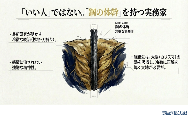 大地に深く突き刺さる「鋼の芯（Steel Core）」のイラスト。感情に流されず冷徹に検地や刀狩りを断行する、強靭な精神性と実務性を象徴している