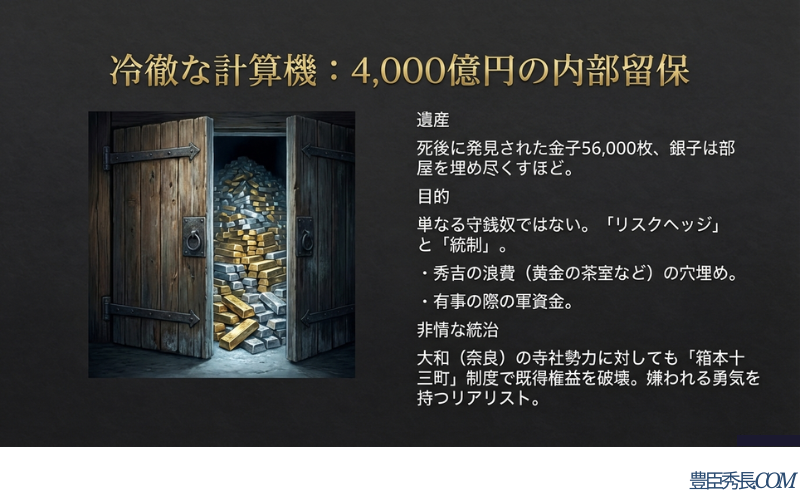 蔵に積み上げられた金銀のイメージ画像。単なる蓄財ではなく、リスクヘッジや既得権益の破壊（箱本十三町）を目的としたリアリストの側面