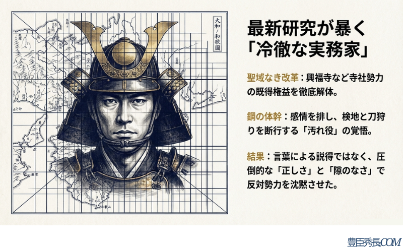 興福寺などの寺社勢力の既得権益を解体し、検地と刀狩りを断行した「鋼の体幹」を持つ秀長の実像をまとめたスライド。圧倒的な隙のなさで反対勢力を沈黙させた結果を解説。