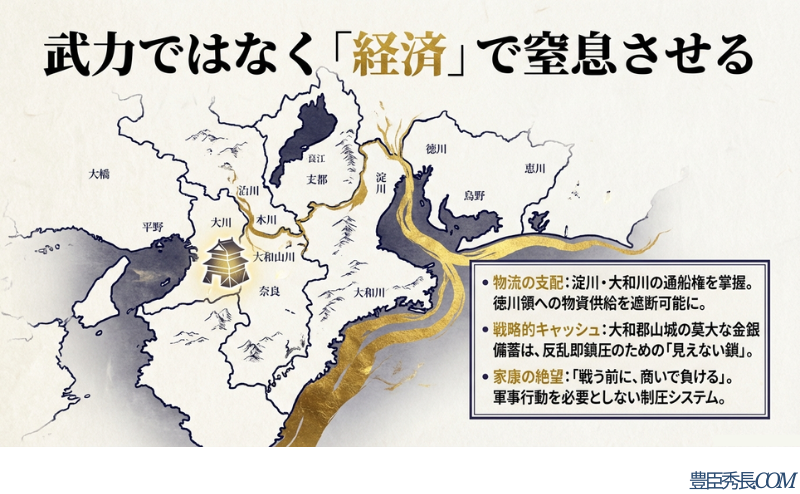 淀川・大和川の通船権掌握による物流支配と、莫大な金銀備蓄(戦略的キャッシュ)によって、家康を「戦う前に、商いで負ける」絶望に追い込んだ構造を図解したスライド