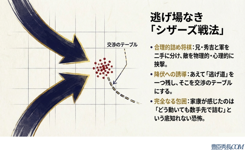秀吉と秀長による挟撃(シザーズ戦法)を解説するスライド。あえて逃げ道を一つ残して交渉のテーブルにし、敵を数手先で「詰み」の状態へ追い込む合理的な戦略を示している。