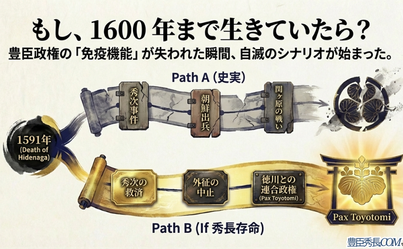 秀長が1600年まで生存した場合のIFルートを史実と比較したチャート。秀次事件の回避、外征の中止、徳川との連合政権(Pax Toyotomi)の可能性を示している。