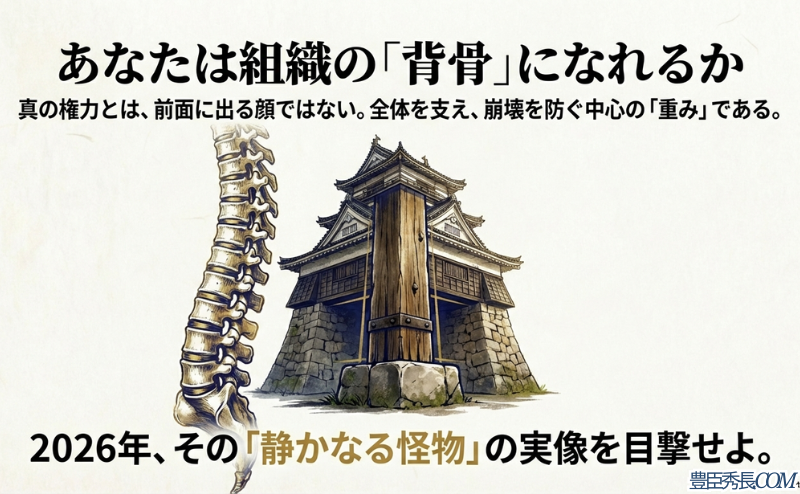 城の柱と人間の背骨を重ね合わせたイメージ図。前面に出る顔ではなく、全体を支え崩壊を防ぐ中心の「重み」こそが真の権力であることを示すスライド。