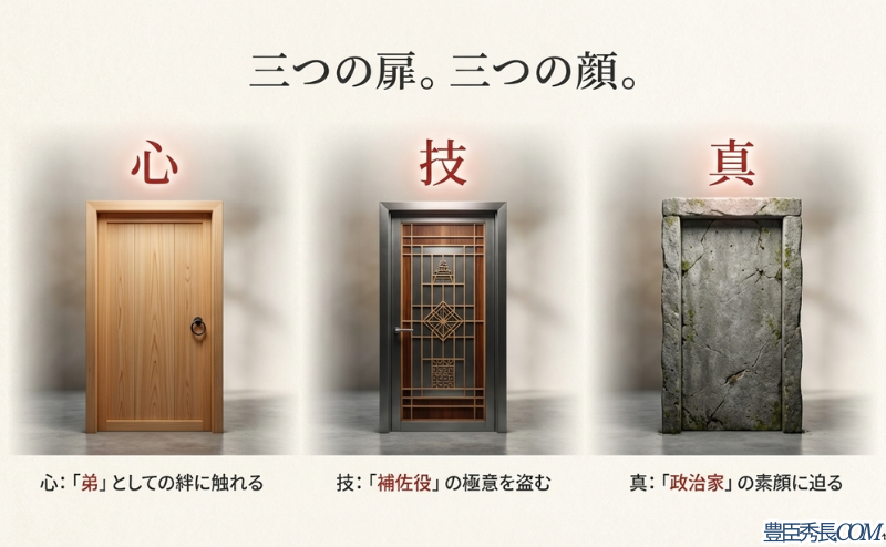 秀長を弟・補佐役・政治家という3つの視点で捉えるコンセプト図