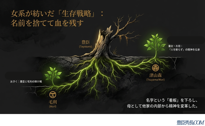 秀長を起点に、おきくが毛利家へ、お岩が森家へ嫁ぎ、名字を捨てて血を残していった系統図