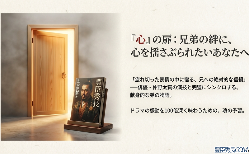 志木沢郁『豊臣秀長』の表紙と、仲野太賀さんの演技に重なる献身の物語を紹介するスライド