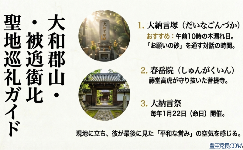 大和郡山市の聖地巡礼ガイド。大納言塚での「お願いの砂」や藤堂高虎が守り抜いた春岳院、毎年1月22日の大納言祭などの情報がまとめられたスライド 。