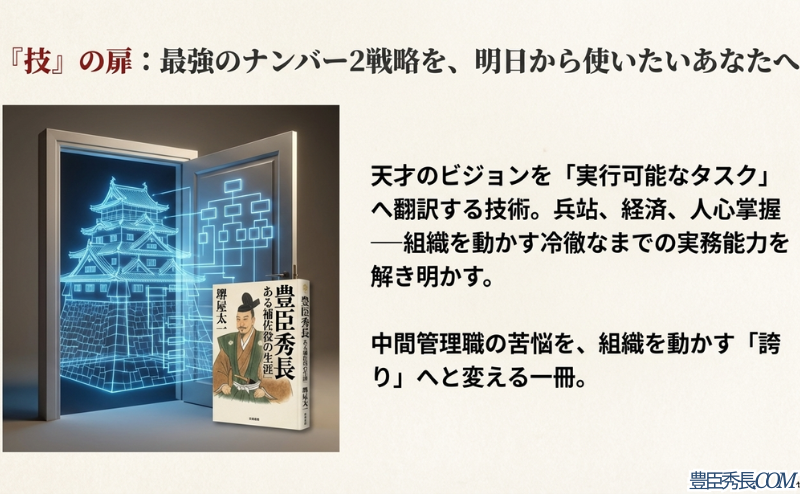 堺屋太一『豊臣秀長 ある補佐役の生涯』の表紙と、組織を動かす実務能力を解説するスライド