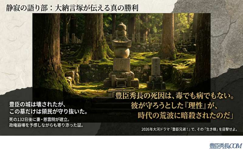 秀長の死因は理性そのものが時代の荒波に暗殺されたことであるという総括と、領民が守り抜いた大納言塚、2026年大河ドラマ告知を含む結びのスライド。