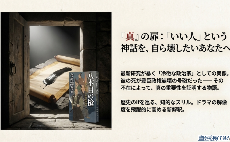 今村翔吾『八本目の槍』の表紙と、冷徹な政治家としての実像と不在の重要性を語るスライド