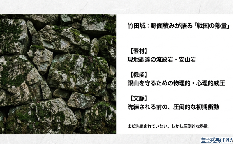 竹田城の、現地調達された流紋岩・安山岩による野面積み石垣の近景写真。