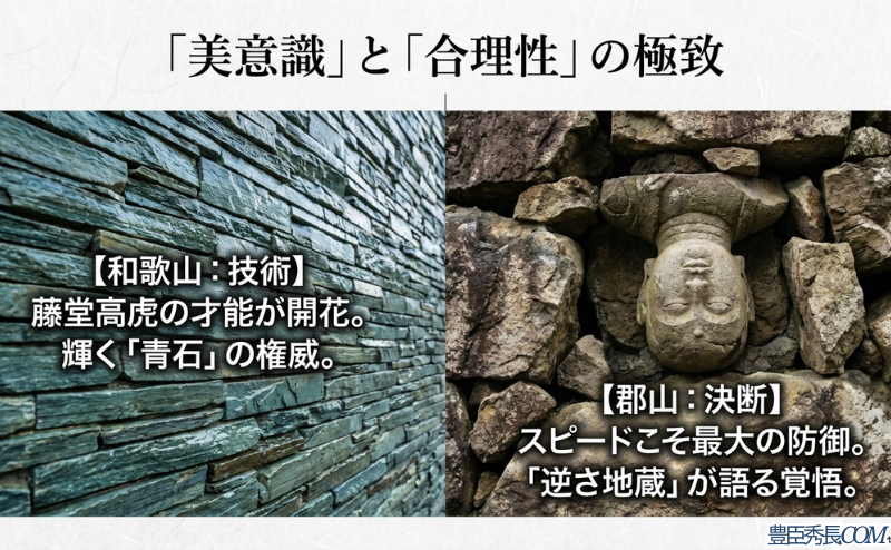 和歌山城の「青石」による石垣技術と、郡山城の「逆さ地蔵」に象徴されるスピード重視の決断を比較したスライド
