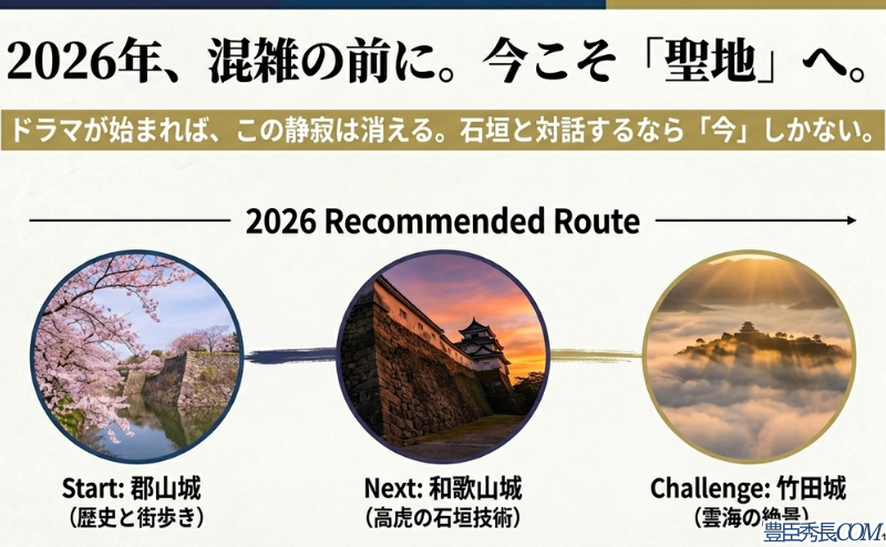 郡山城（歴史）、和歌山城（技術）、竹田城（絶景）を巡る、2026年におすすめの聖地巡礼ルートのガイド図