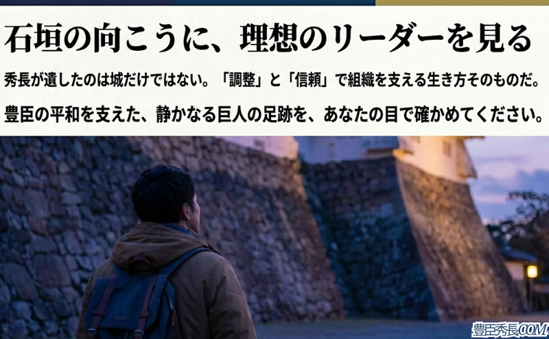 城跡を背景に、秀長が遺したのは城だけではなく、調整と信頼で組織を支える生き方そのものであるというメッセージを記したスライド。