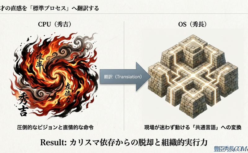 燃え盛る炎のような秀吉の直感的な命令（CPU）を、秀長（OS）が現場が動ける共通言語へと翻訳・変換し、組織的実行力を生むプロセスを示した概念図。