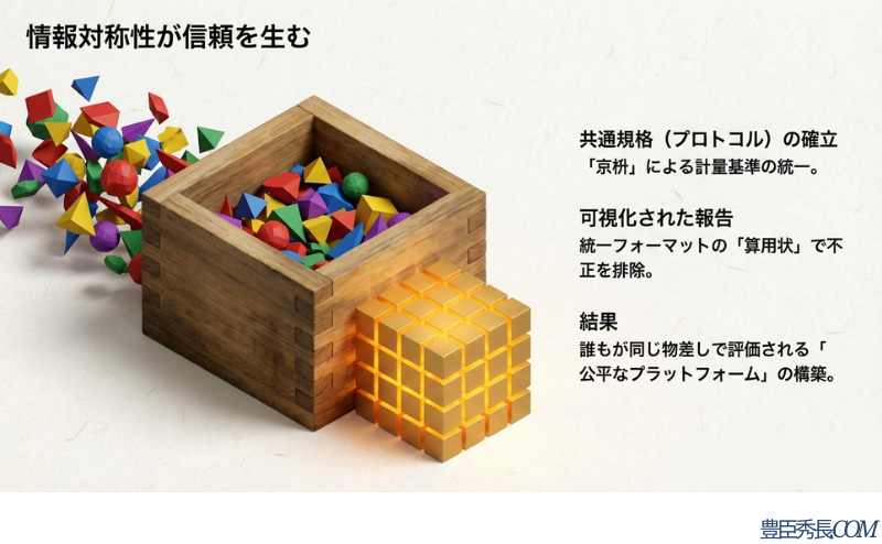 京枡による計量基準の統一と、統一フォーマットの算用状による報告の可視化により、公平な評価プラットフォームを構築したことを示す説明スライド