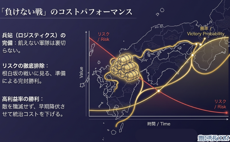 時間経過と共にリスクを徹底排除し、勝率を100%に近づける「負けない戦」のグラフ。兵站の完備と、殲滅せず降伏させて統治コストを下げる戦略を示している