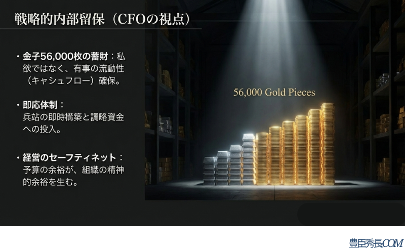 56,000枚の金子を私欲ではなく、有事のキャッシュフロー（兵站・調略資金）確保のために蓄財した「財務エンジン」としての役割を解説する図