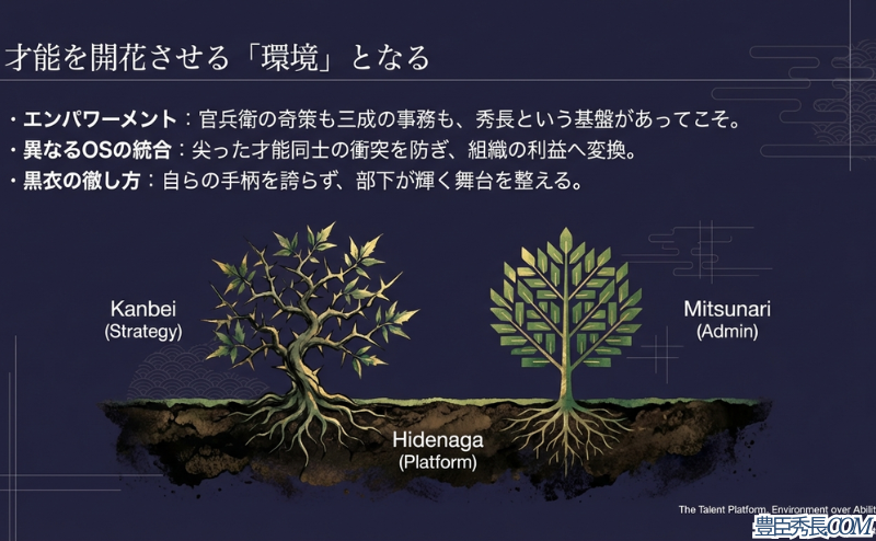 官兵衛（戦略）や三成（実務）といった異なるOS（才能）を、秀長というプラットフォームが統合し、組織の利益へ変換する構造を示した図
