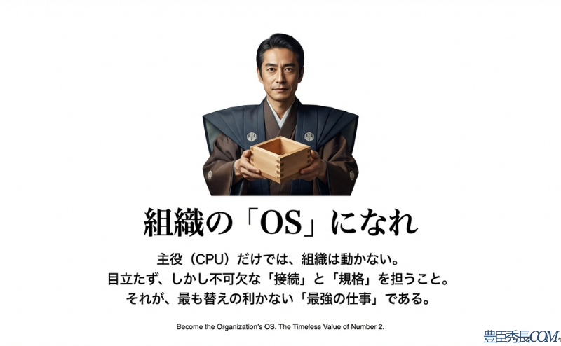 枡を手にする秀長のイメージと共に、「主役（CPU）だけでは組織は動かない」「目立たず不可欠な接続と規格を担うことが最強の仕事」という結びのメッセージ