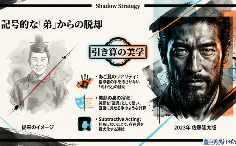 豊臣秀長の従来のイメージと2023年版の対比。あご髭のリアリティ、笑顔の裏の冷徹さ、存在感を最大化する「引き算の演技（Subtractive Acting）」についての解説スライド