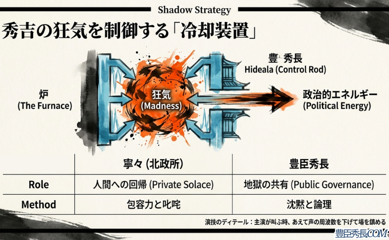 秀吉の狂気を制御する「冷却装置（炉）」としての秀長の役割を図解。寧々（プライベートな安らぎ）と秀長（パブリックな統治）の役割比較表が含まれている。