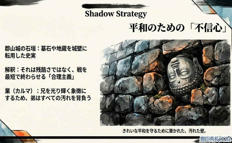 大和郡山城の石垣に埋め込まれた地蔵のイラスト。平和を最短で実現するための不信心な合理主義と、兄のために汚れを背負う弟の業についての解説。