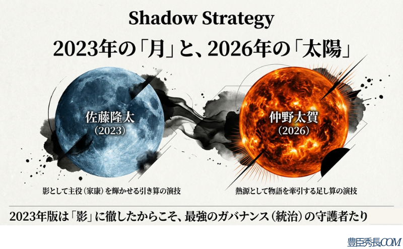 2023年佐藤隆太版（影・引き算・月）と2026年仲野太賀版（熱源・足し算・太陽）の演技アプローチと役割の決定的な違いを比較したスライド