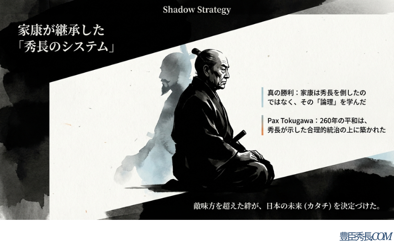 家康は秀長を倒したのではなくその論理を学び、江戸260年の平和（Pax Tokugawa）が秀長の合理的統治の上に築かれたという結論をまとめたスライド