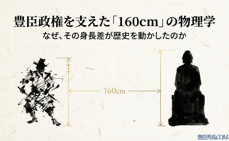 筆文字で描かれた侍のシルエットに「豊臣政権を支えた『160cm』の物理学」というタイトルが重なる、記事のメインビジュアルスライド
