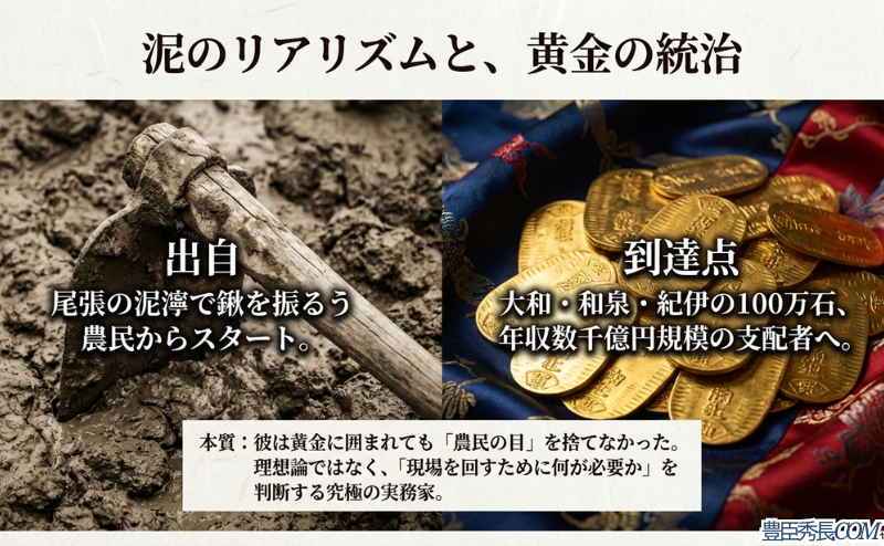 尾張の農民から100万石の支配者へと昇り詰めた秀長の歩みと、黄金に囲まれても失わなかった「農民の目（現場感覚）」を解説する図解
