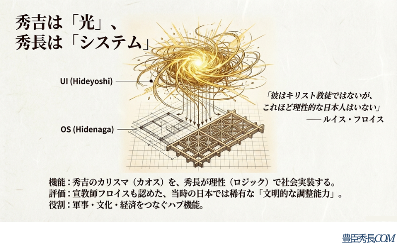 秀吉のカリスマ性を「UI」、秀長の理性を「OS」に例え、軍事・文化・経済を繋ぐハブ機能を果たした秀長の役割を示す概念図