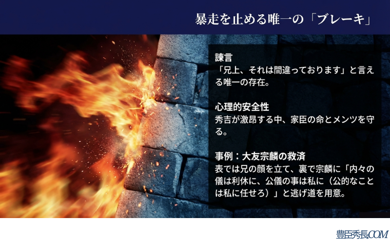 秀吉への諫言（かんげん）を可能にした唯一の存在であり、大友宗麟の救済事例に見られる「心理的安全性」の確保と調整能力についての解説